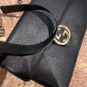Gucci Interlocking Chain Wallet Black Leather Cross Body Bag preowned